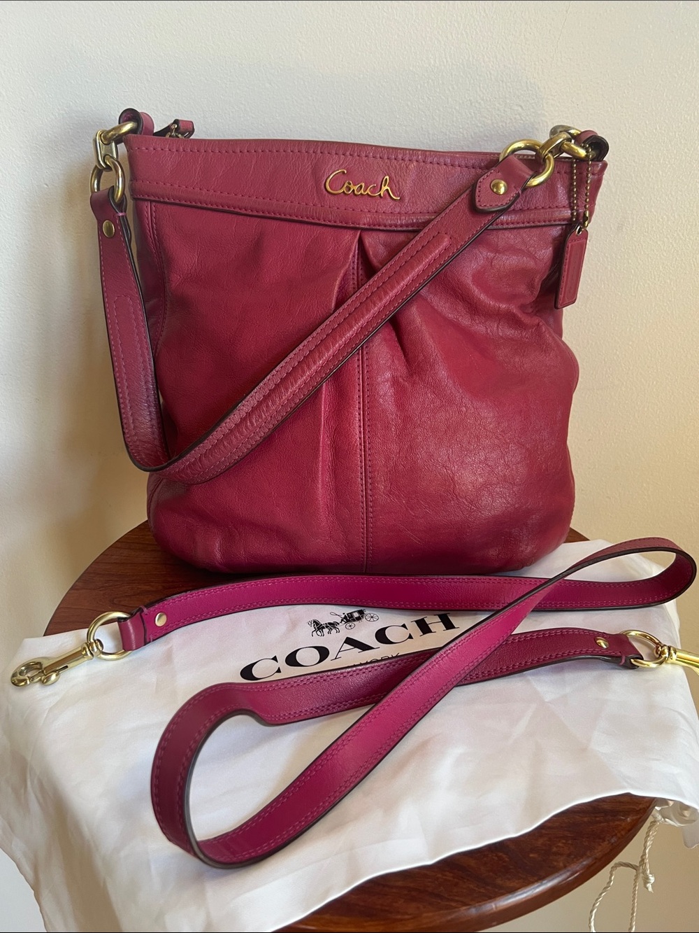 Coach Ashley vintage Leather Shoulder Bag in Deep pink Berry 2 shoulder straps